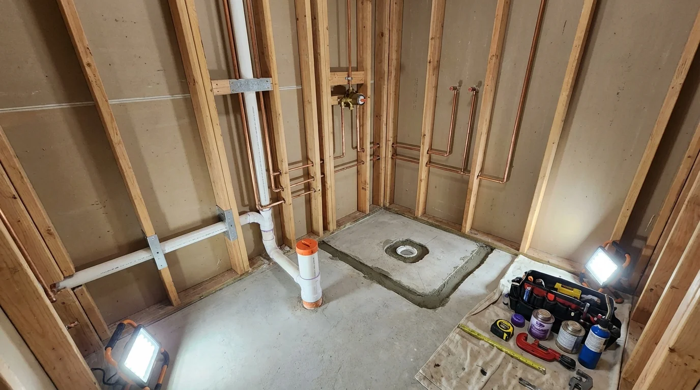 Bathroom rough-in plumbing during remodel by Johns Plumbing LLC in East Rutherford