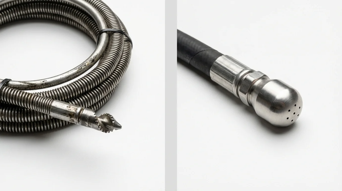 Drain snake cable and hydro jetting nozzle used for drain cleaning in East Rutherford, NJ