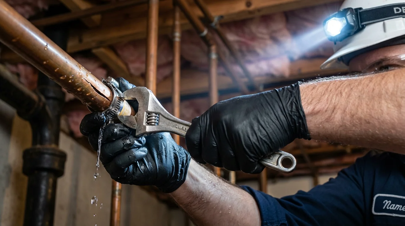 Emergency pipe clamp repair being performed by a Johns Plumbing LLC plumber in East Rutherford