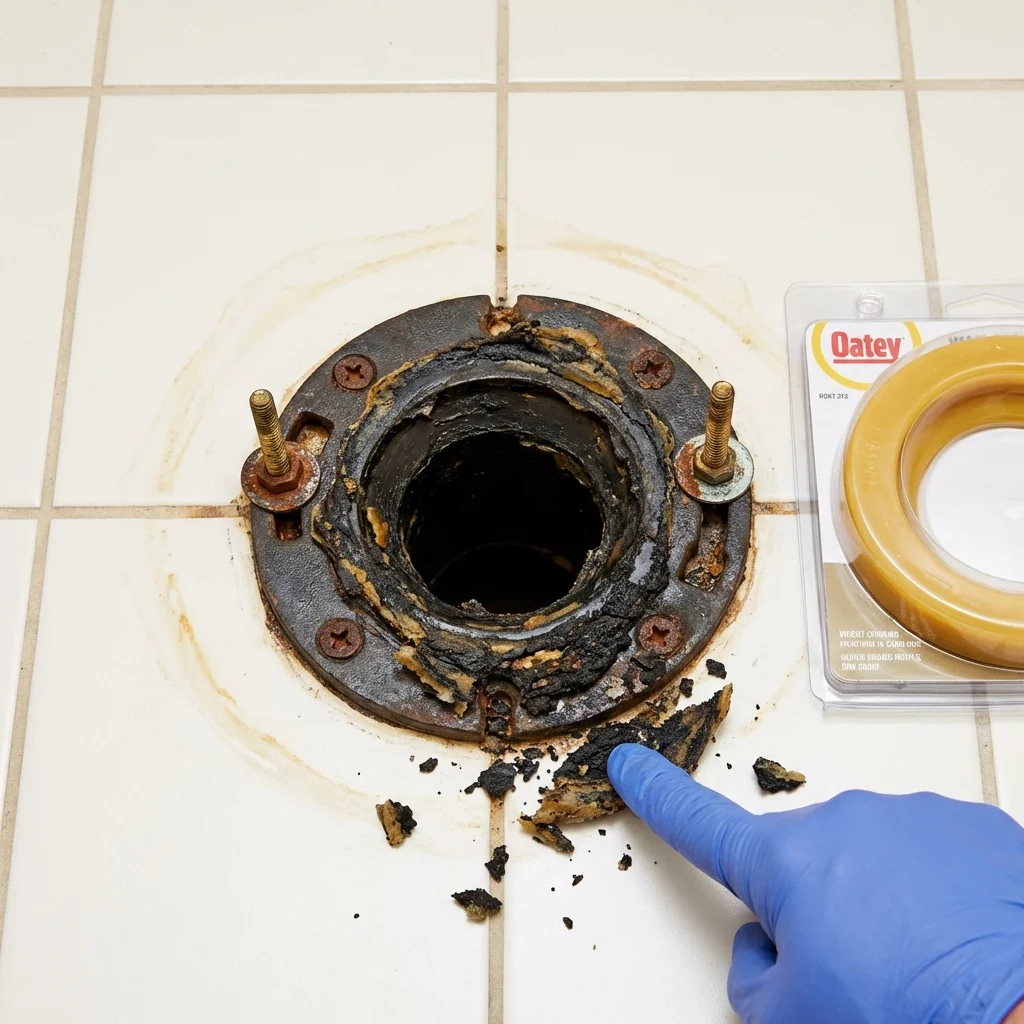 Failed wax ring showing water seepage at the base of a toilet in a East Rutherford, NJ home