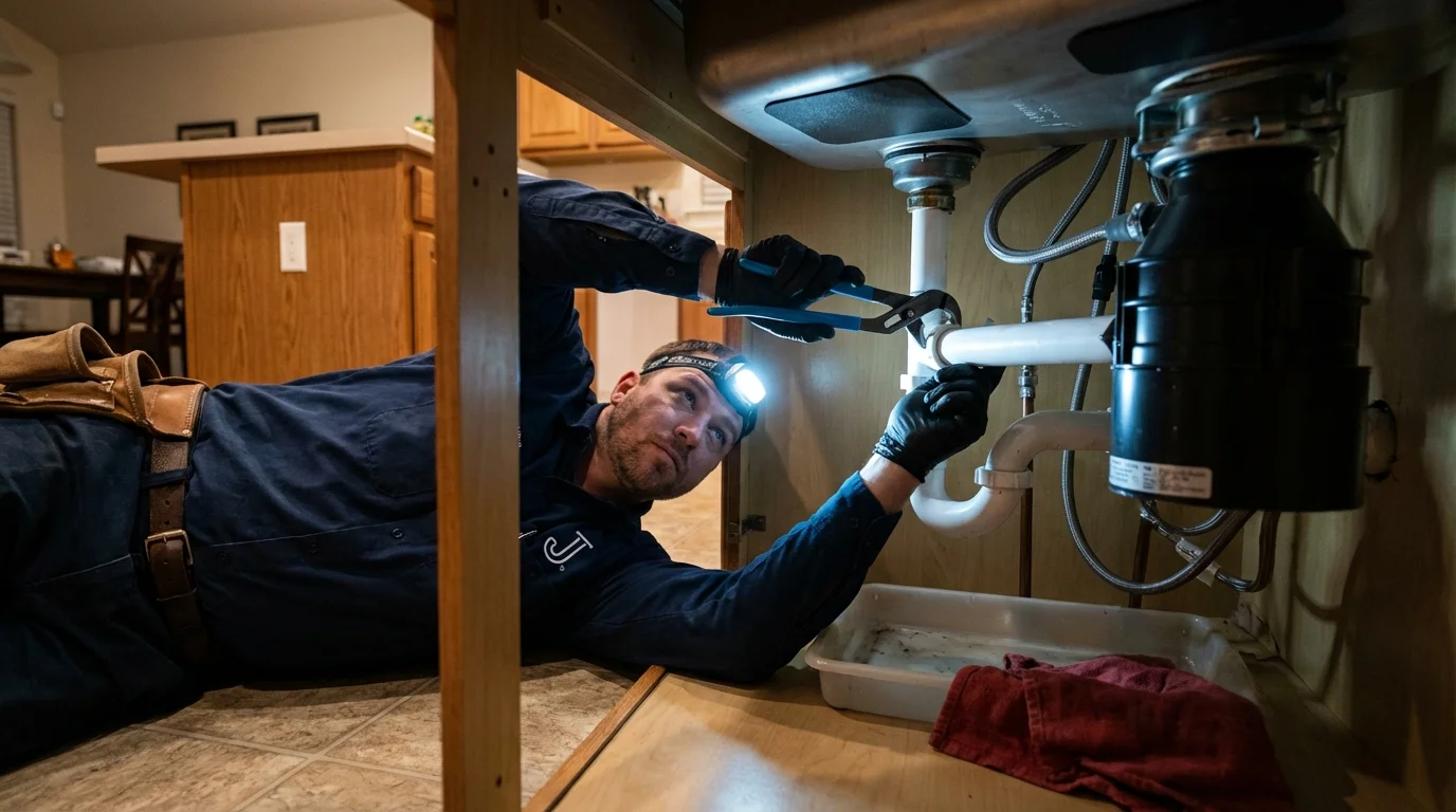 P-trap and supply line connections under a kitchen sink showing a common leak point in East Rutherford, NJ